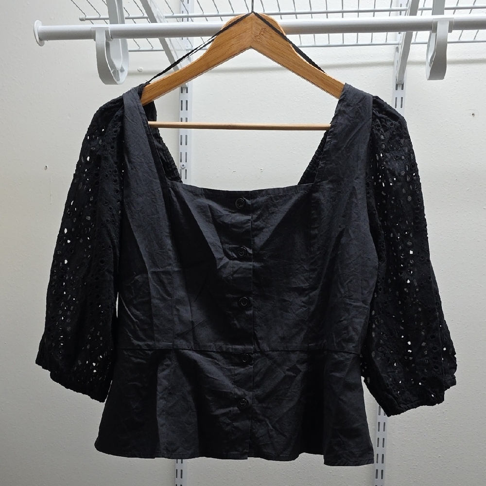 Black Peplum Blouse with 3/4 Lace Sleeves